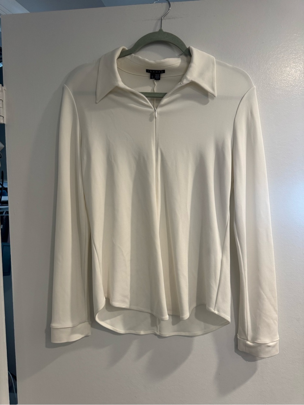 Theory Cream Zip Front Long Sleeve Polo Top Size L Large Minimalist